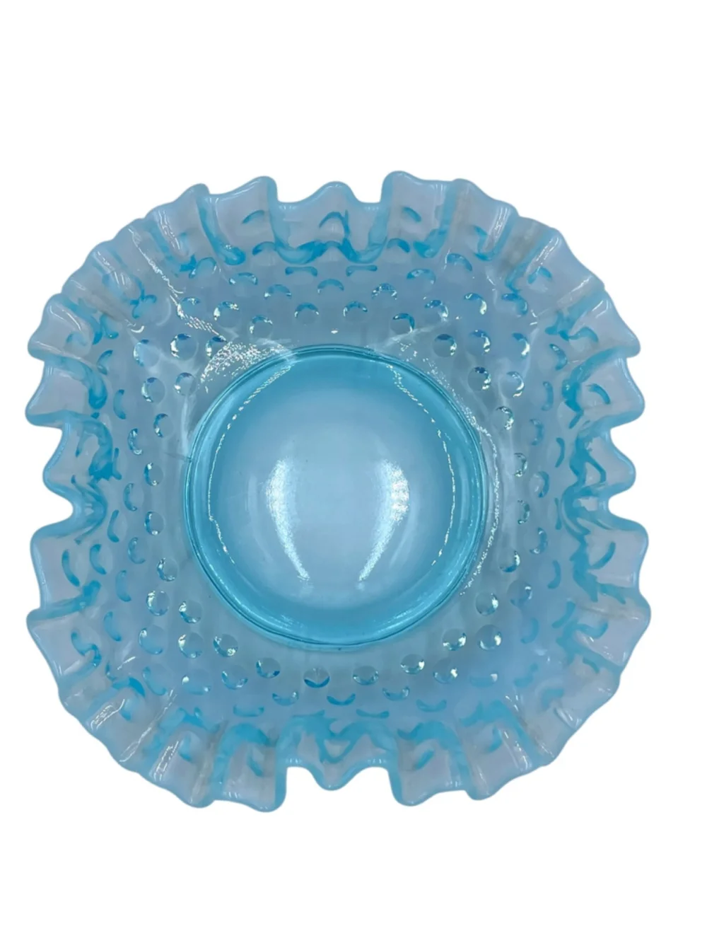 Vintage Fenton Blue Opalescent Hobnail Ruffled Fan Vase & Bon Bon Dish